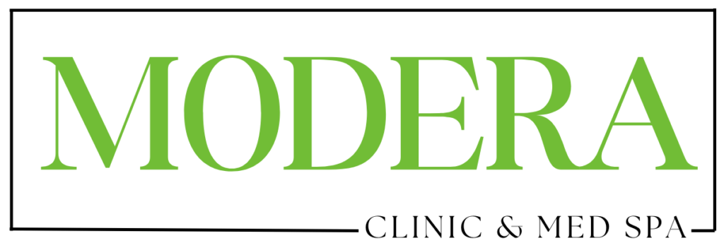 Logo for Modera Clinic & Med Spa with "MODERA" in large, green capital letters. Below, "CLINIC & MED SPA" appears in smaller, dark letters. The text is enclosed within a thin rectangular border.