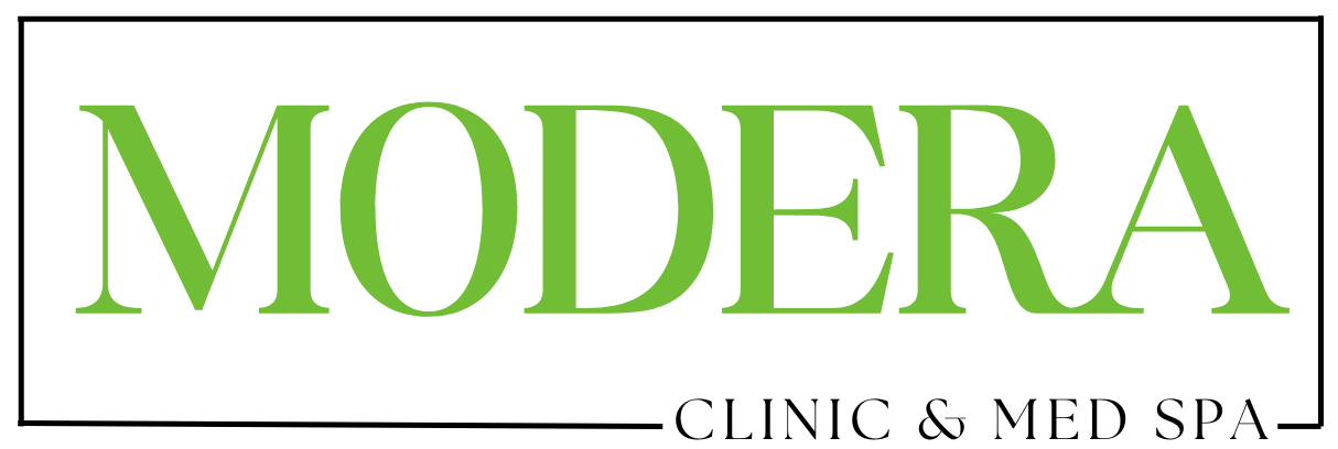 Logo for Modera Clinic & Med Spa with "MODERA" in large, green capital letters. Below, "CLINIC & MED SPA" appears in smaller, dark letters. The text is enclosed within a thin rectangular border.